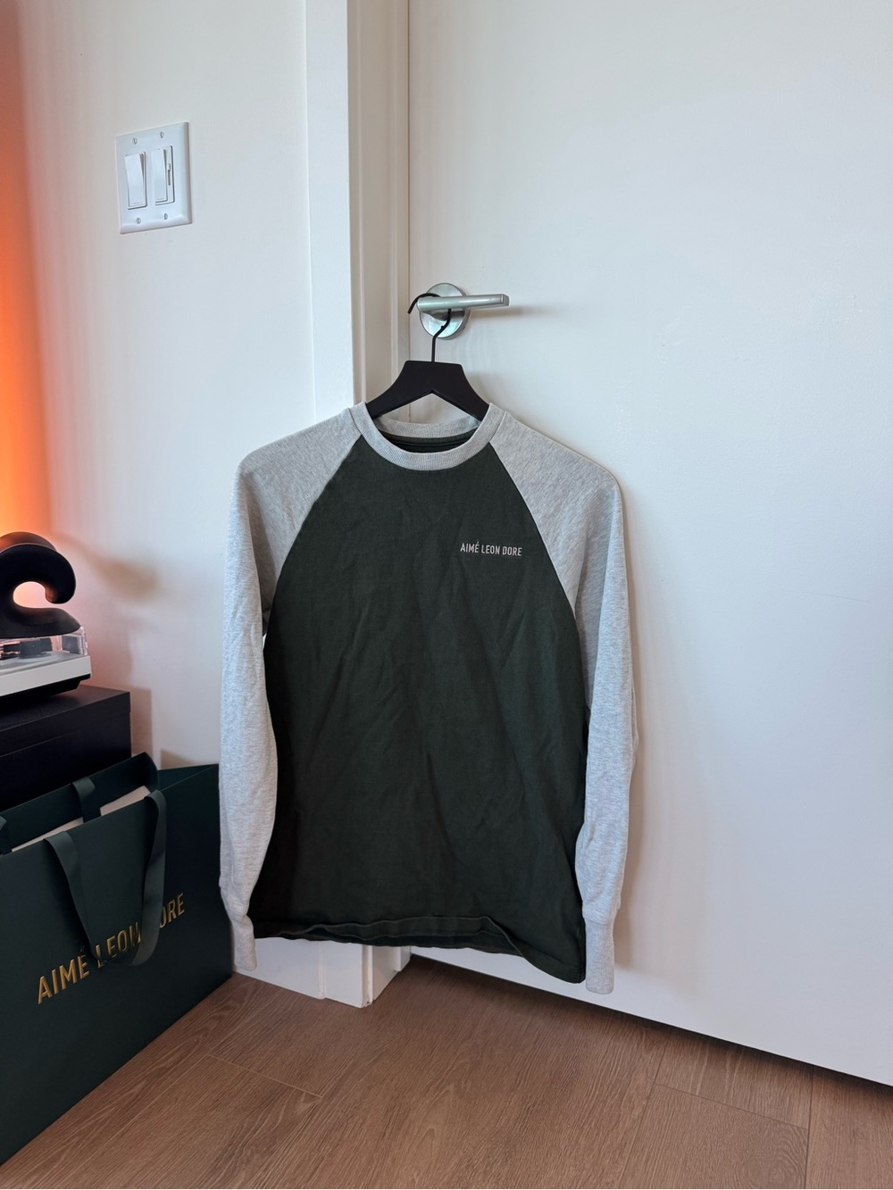 Aime Leon Dore Dark Green Body Raglan Long Sleeve with Light Gray Sleeves